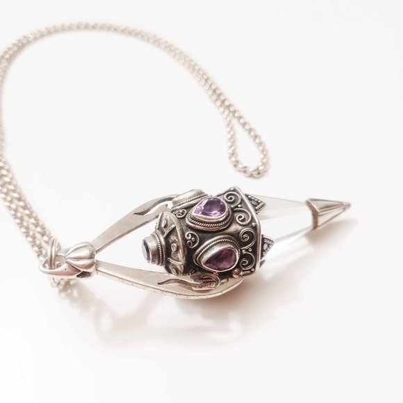 Large Lemurian Quartz Crystal Teardrop Amethyst Pendulum Necklace - Picture 6 of 9